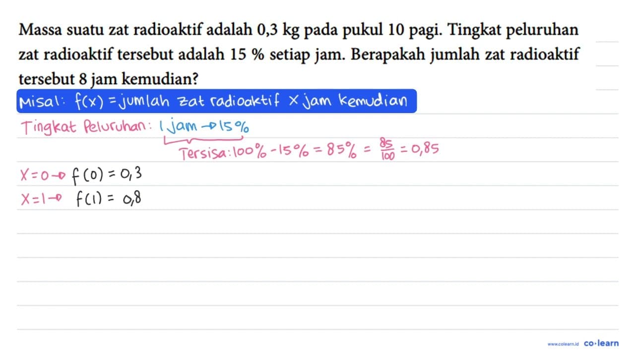 Massa suatu zat radioaktif adalah 0,3 kg pada pukul 10