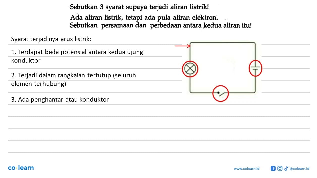 Sebutkan 3 syarat supaya terjadi aliran listrik! Ada aliran