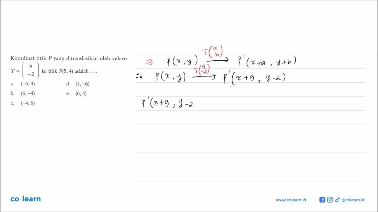 Koordinat titik P yang ditranslasikan oleh vektor T=(9 -2)