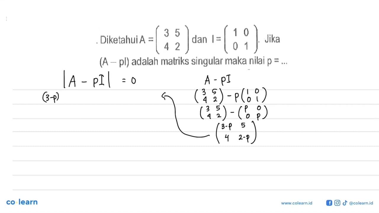 Diketahui A = (3 5 4 2) dan I = (1 0 0 1). Jika (A-pI)