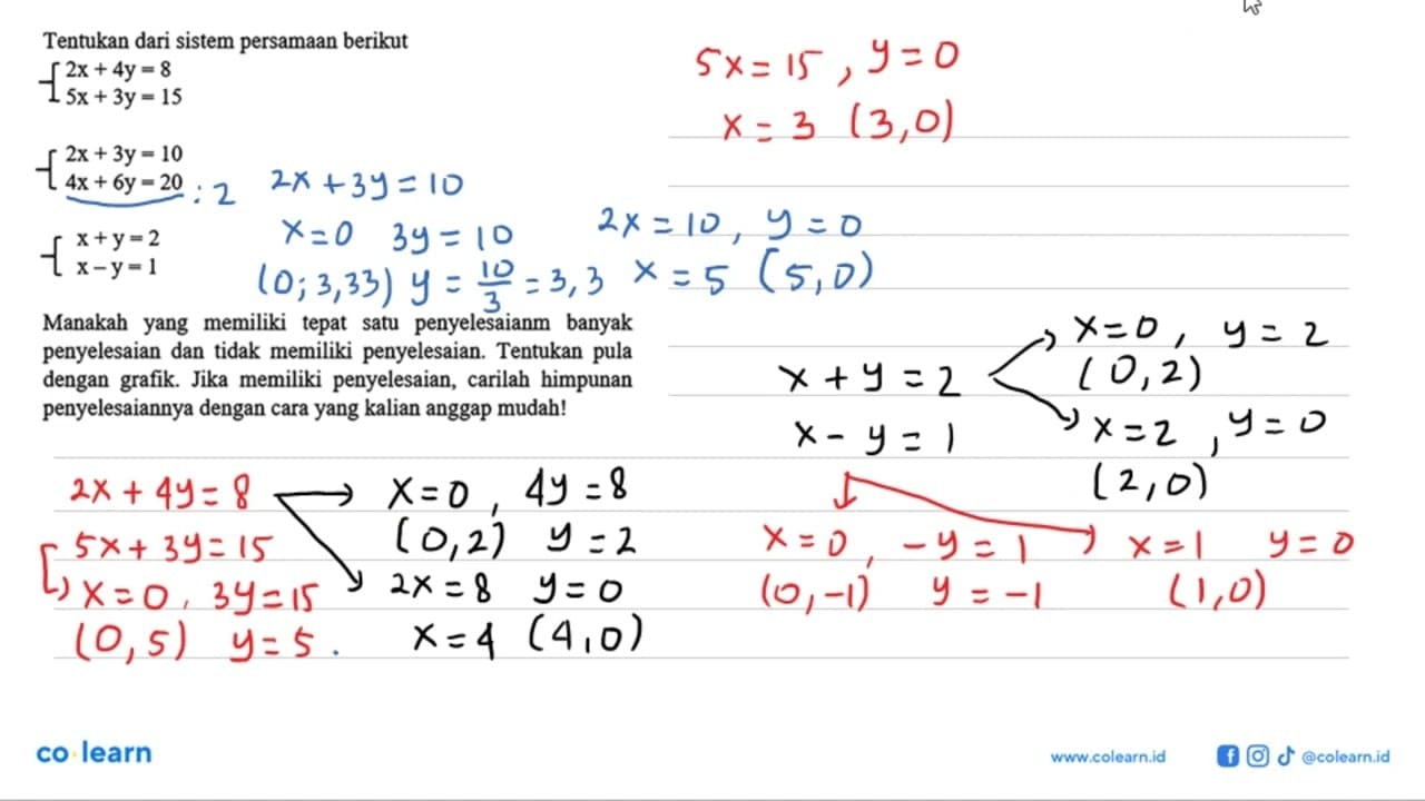 Tentukan dari sistem persamaan berikut 2x+4y=8 5x+3y=15