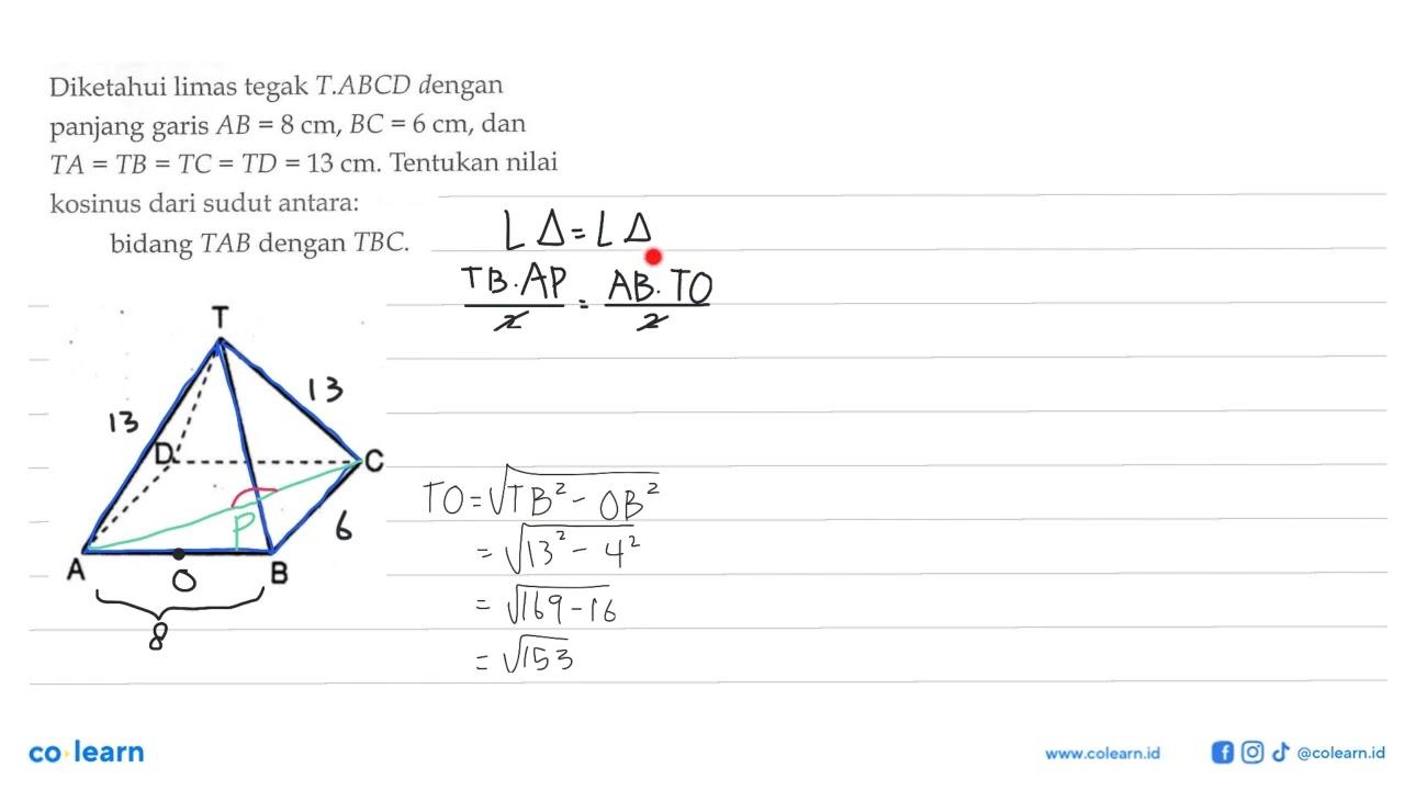 Diketahui limas tegak T.ABCD dengan panjang garis AB=8 cm,