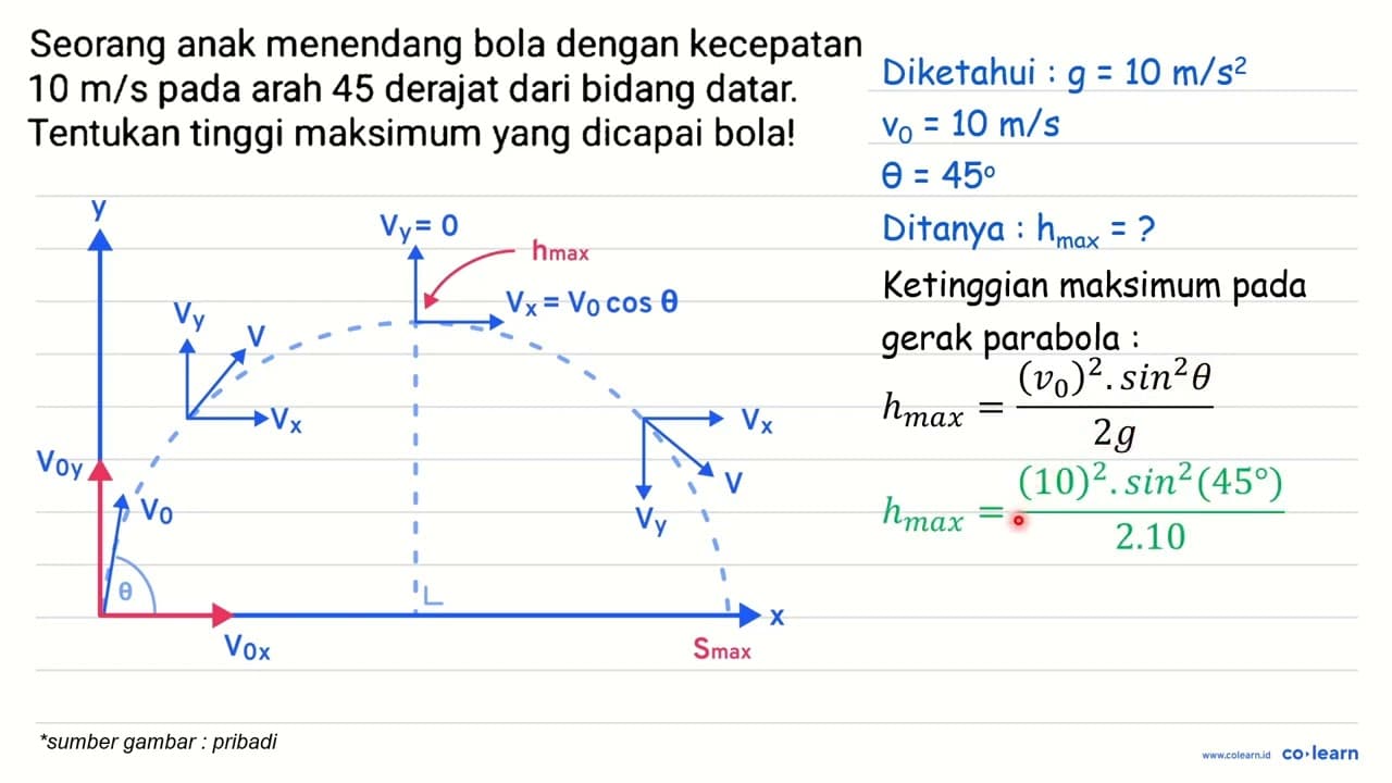 Seorang anak menendang bola dengan kecepatan 10 m / s pada