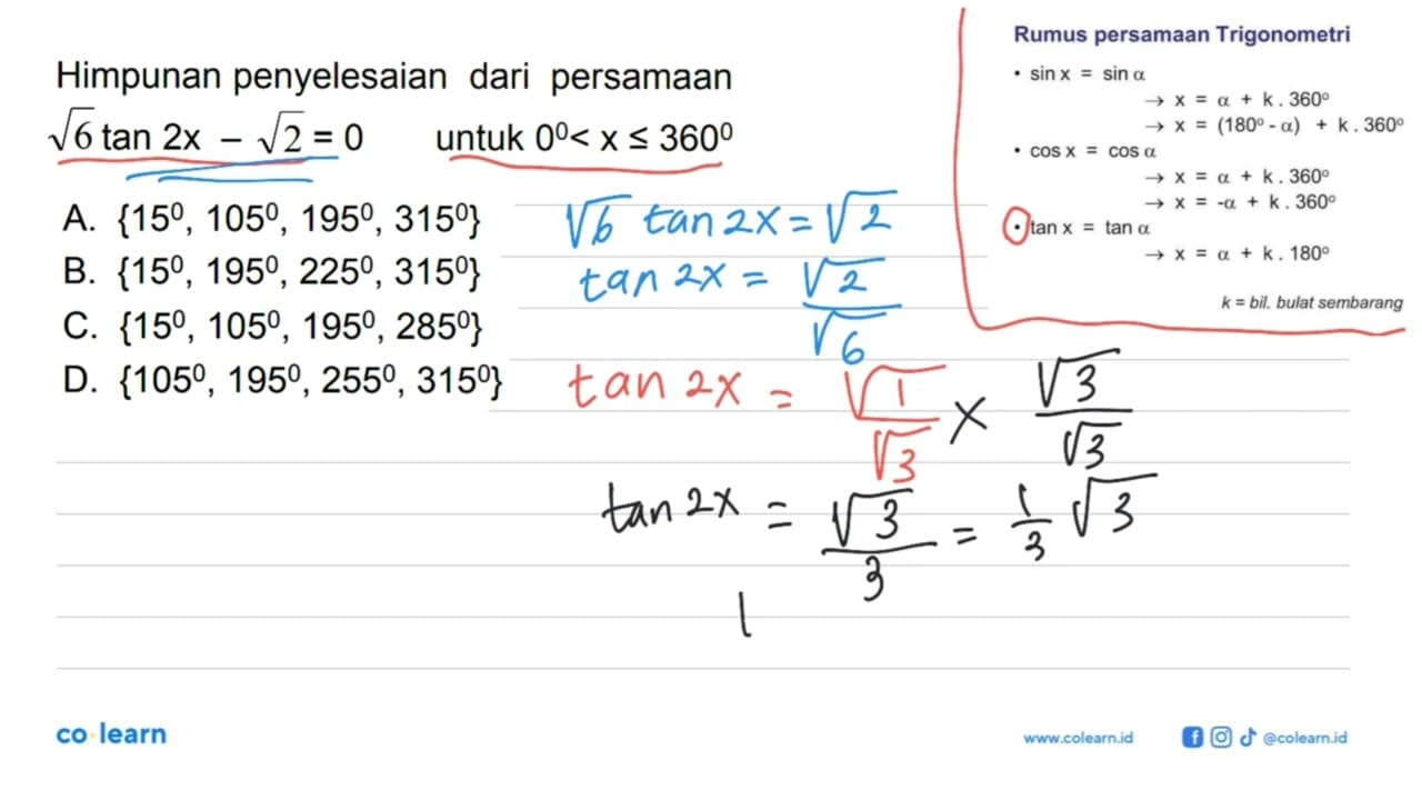 Himpunan penyelesaian dari persamaan akar(6) tan