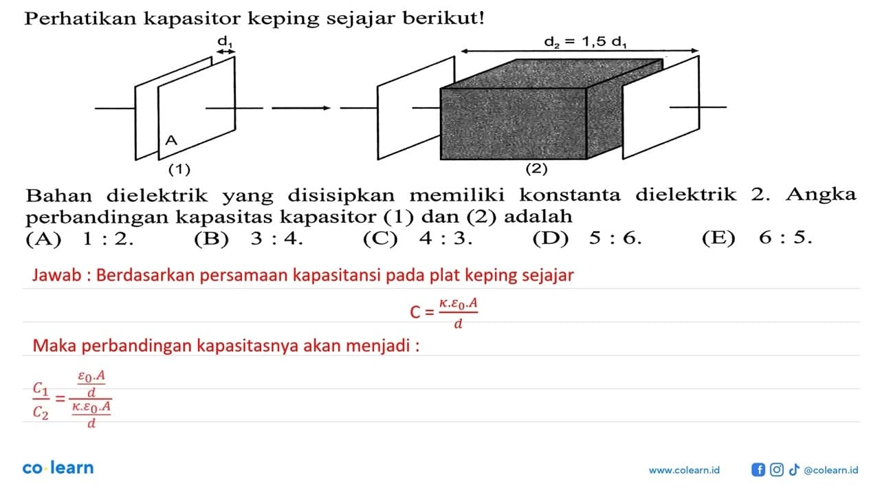 Perhatikan kapasitor keping sejajar berikut!(1) d1 A (2)