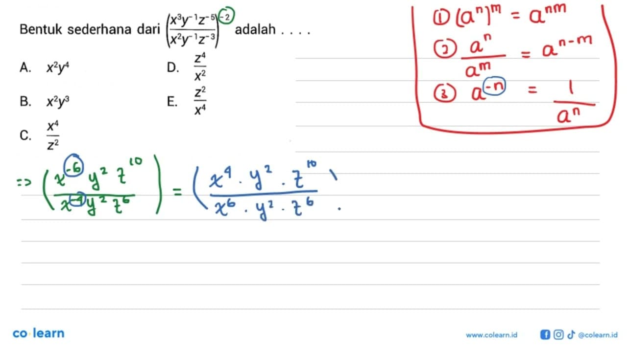 Bentuk sederhana dari ((x^3 y^(-1) z^(-5))/(x^2 y^(-1)