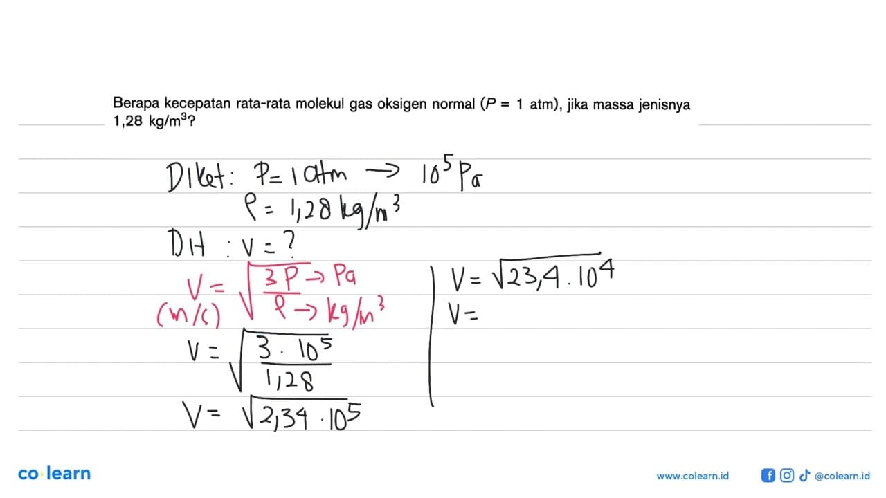 Berapa kecepatan rata-rata molekul gas oksigen normal (P=1