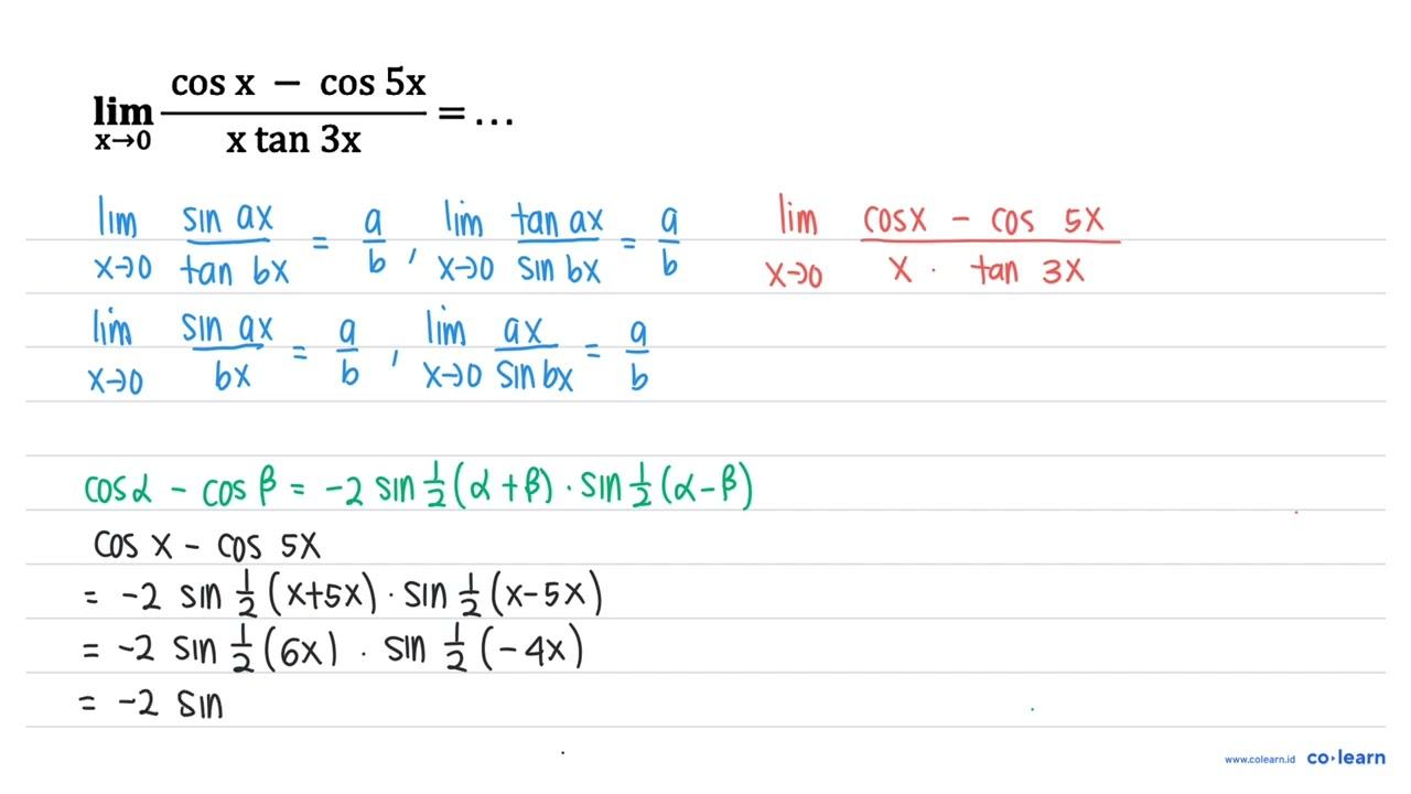 lim x -> 0 (cos x-cos 5 x)/(x tan 3 x)=...