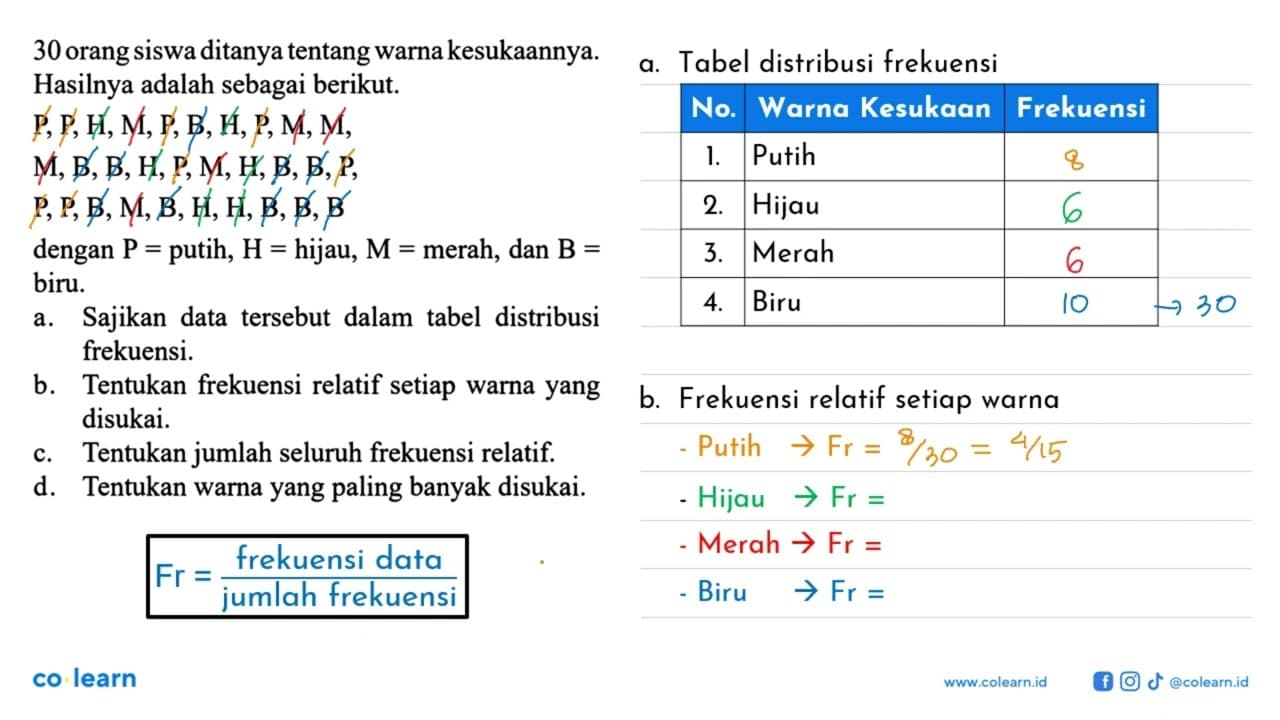 30 orang siswa ditanya tentang warna kesukaannya. Hasilnya