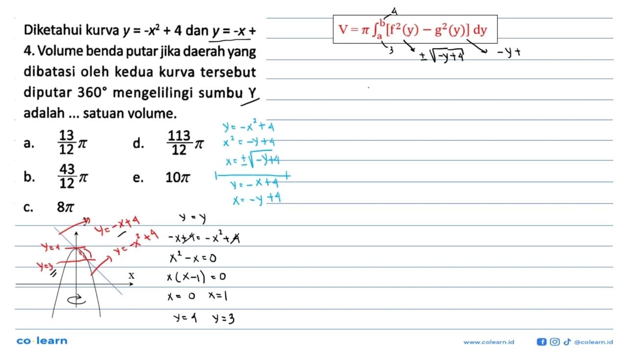 Diketahui kurva y=-x^2+4 dan y=-x+4. Volume benda putar