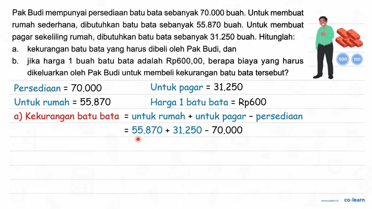 Pak Budi mempunyai persediaan batu bata sebanyak 70.000