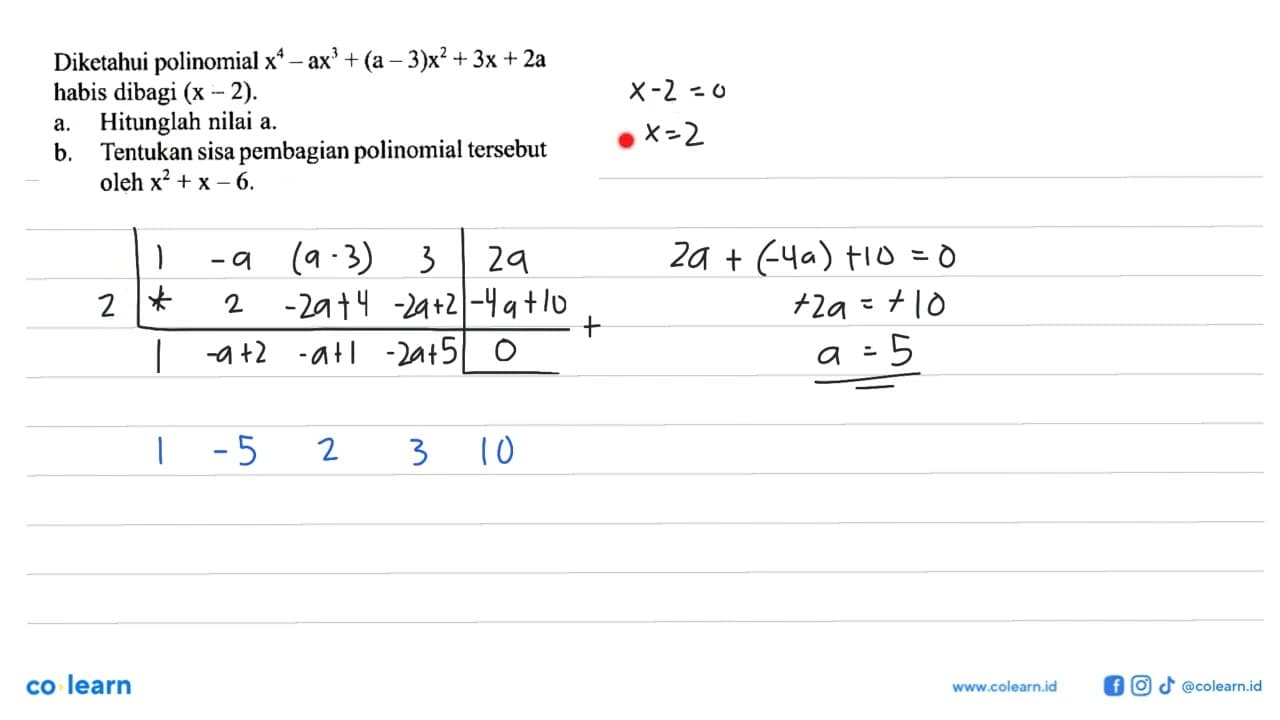 Diketahui polinomial x^4-ax^3+(a-3)x^2+3x+2a habis dibagi