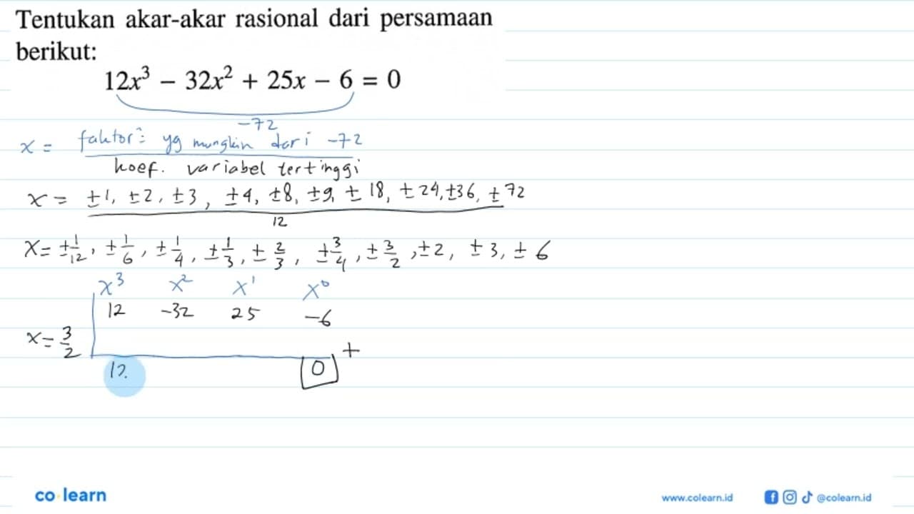 Tentukan akar-akar rasional dari persamaan berikut: 12x^3-