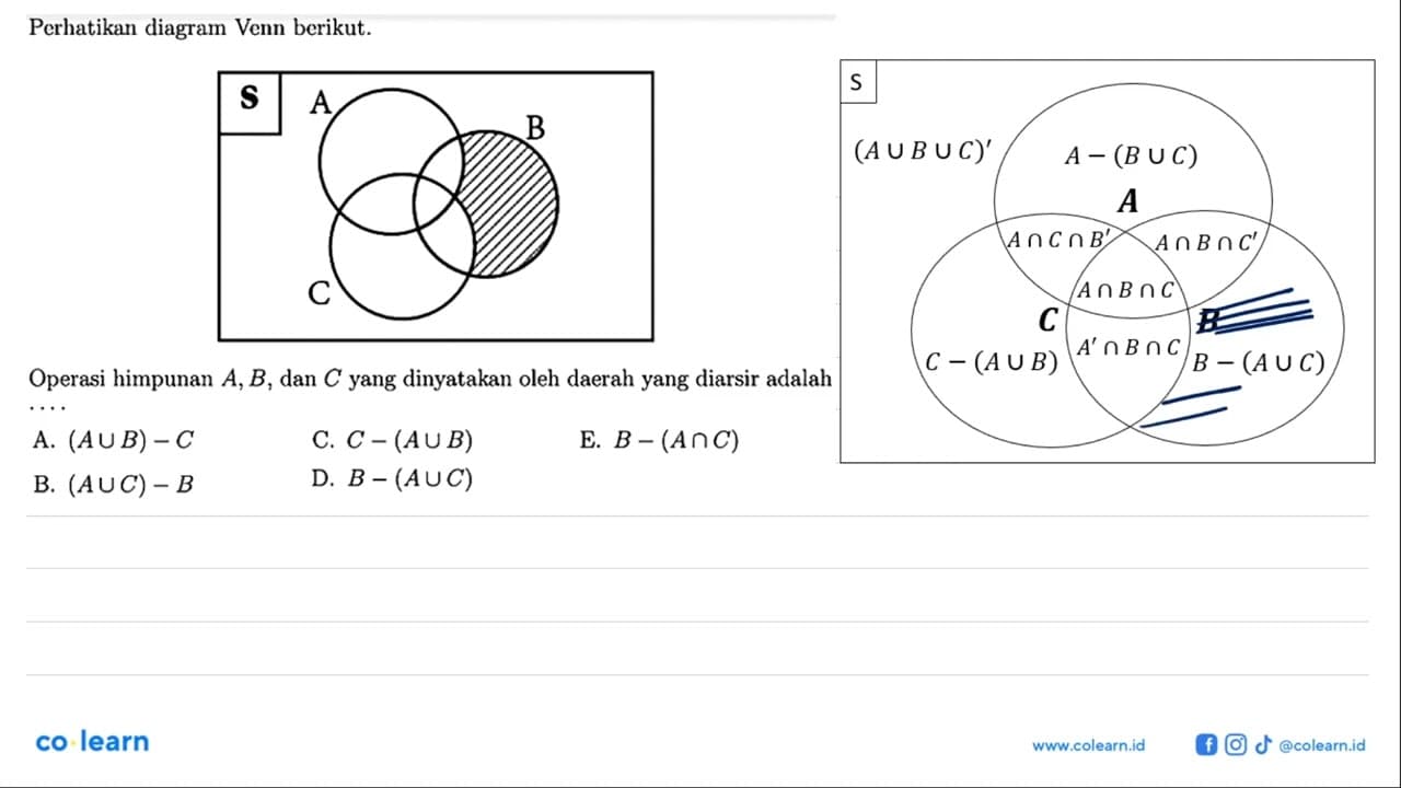 Perhatikan diagram Venn berikut. S A B C Operasi himpunan