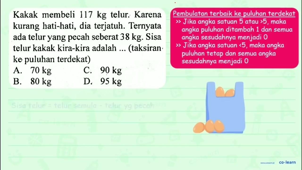 Kakak membeli 117 kg telur. Karena kurang hati-hati, dia