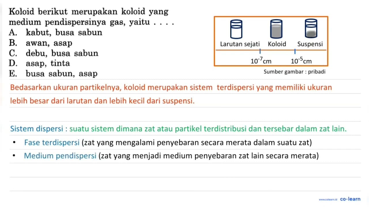 Koloid berikut merupakan koloid yang medium pendispersinya