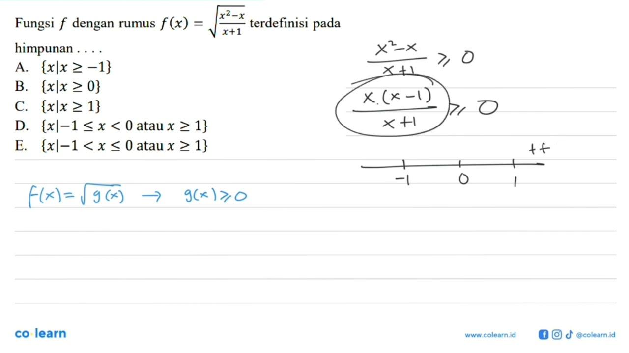 Fungsi f dengan rumus f(x)=akar((x^2-x)/(x+1)) terdefinisi