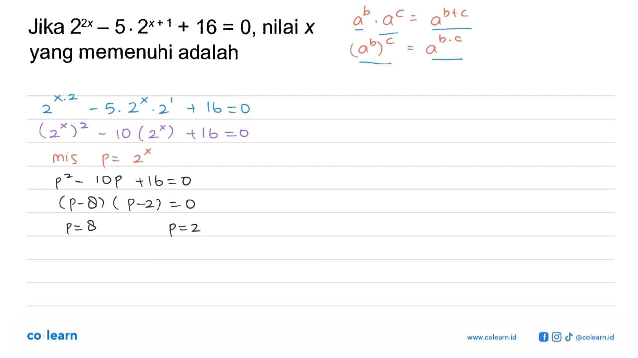 Jika 2^2x-5.2^(x+1)+16=0, nilai x yang memenuhi adalah
