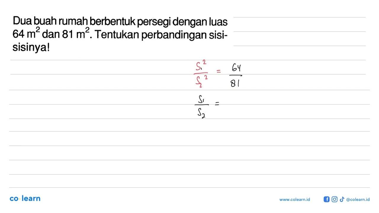 Dua buah rumah berbentuk persegi dengan luas 64 m^2 dan 81