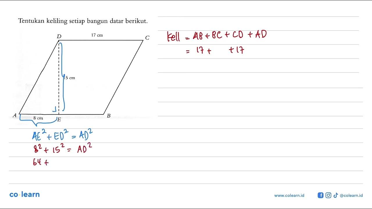 Tentukan keliling setiap bangun datar berikut. DE=15 cm,