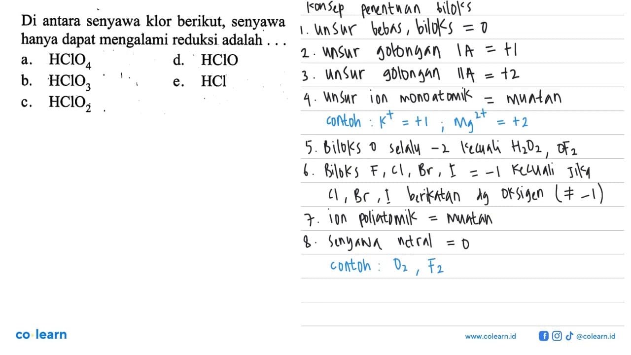 Di antara senyawa klor berikut, senyawa yang hanya dapat