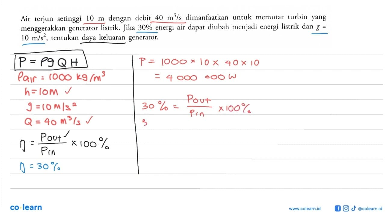 Air terjun setinggi 10 m dengan debit 40 m^3/s dimanfaatkan