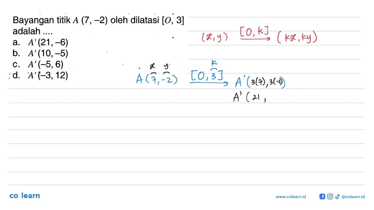 Bayangan titik A(7,-2) oleh dilatasi [O, 3] adalah....