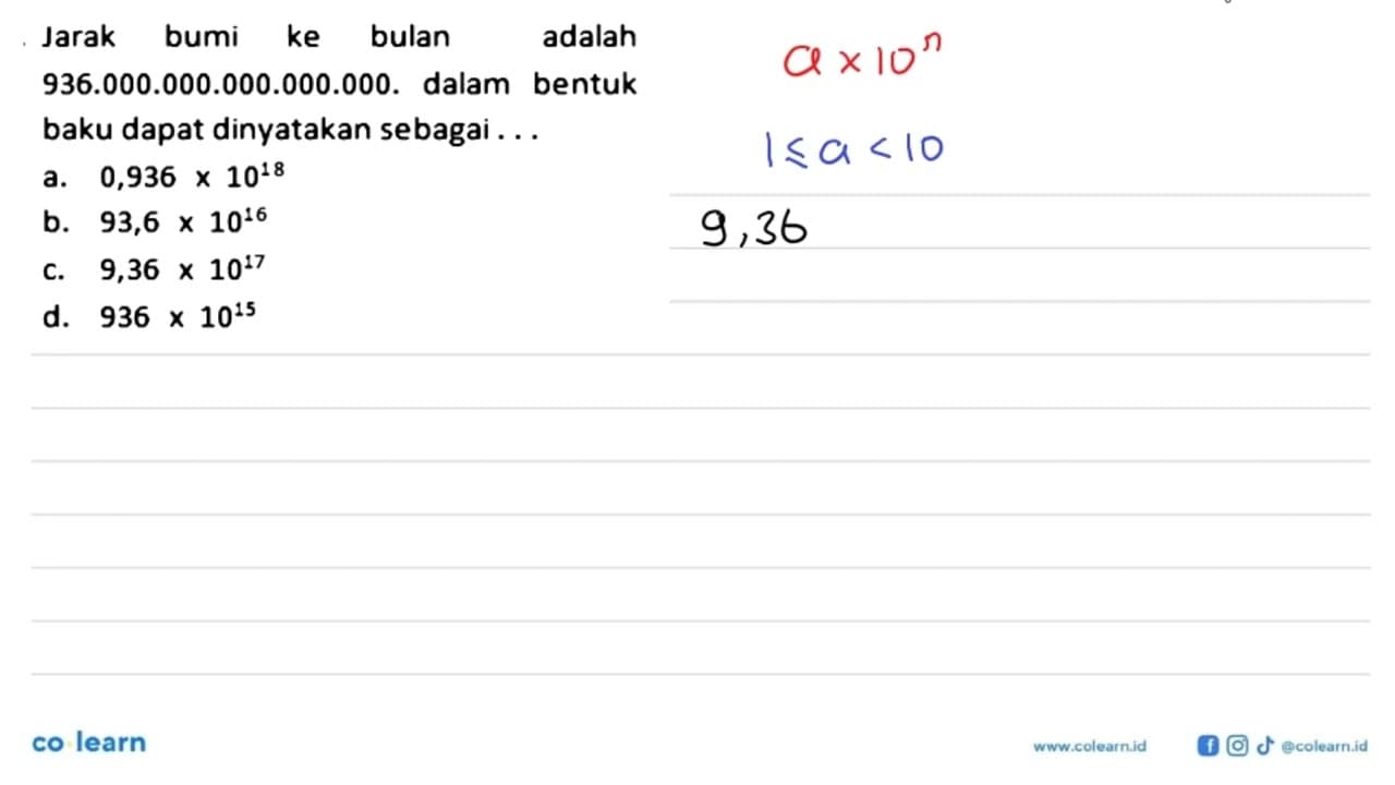 Jarak bumi ke bulan adalah 936.000.000.000.000.000. dalam