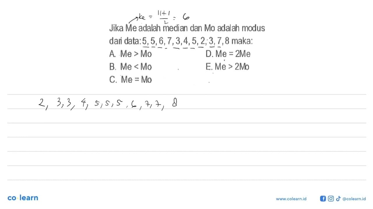 Jika Me adalah median dan Mo adalah modus dari data: