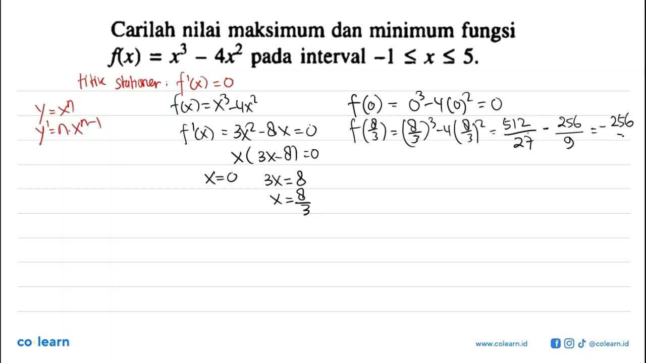 Carilah nilai maksimum dan minimum fungsi f(x)=x^3-4x^2