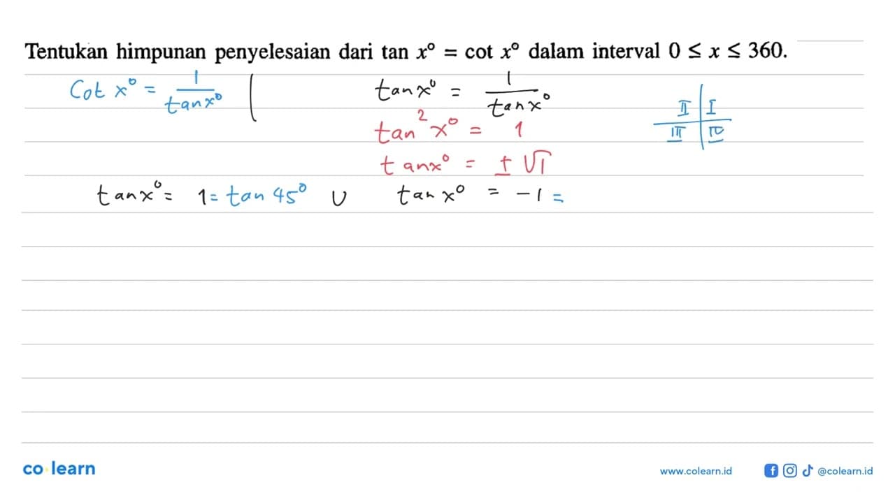 Tentukan himpunan penyelesaian dari tan x = cot 0 dalam