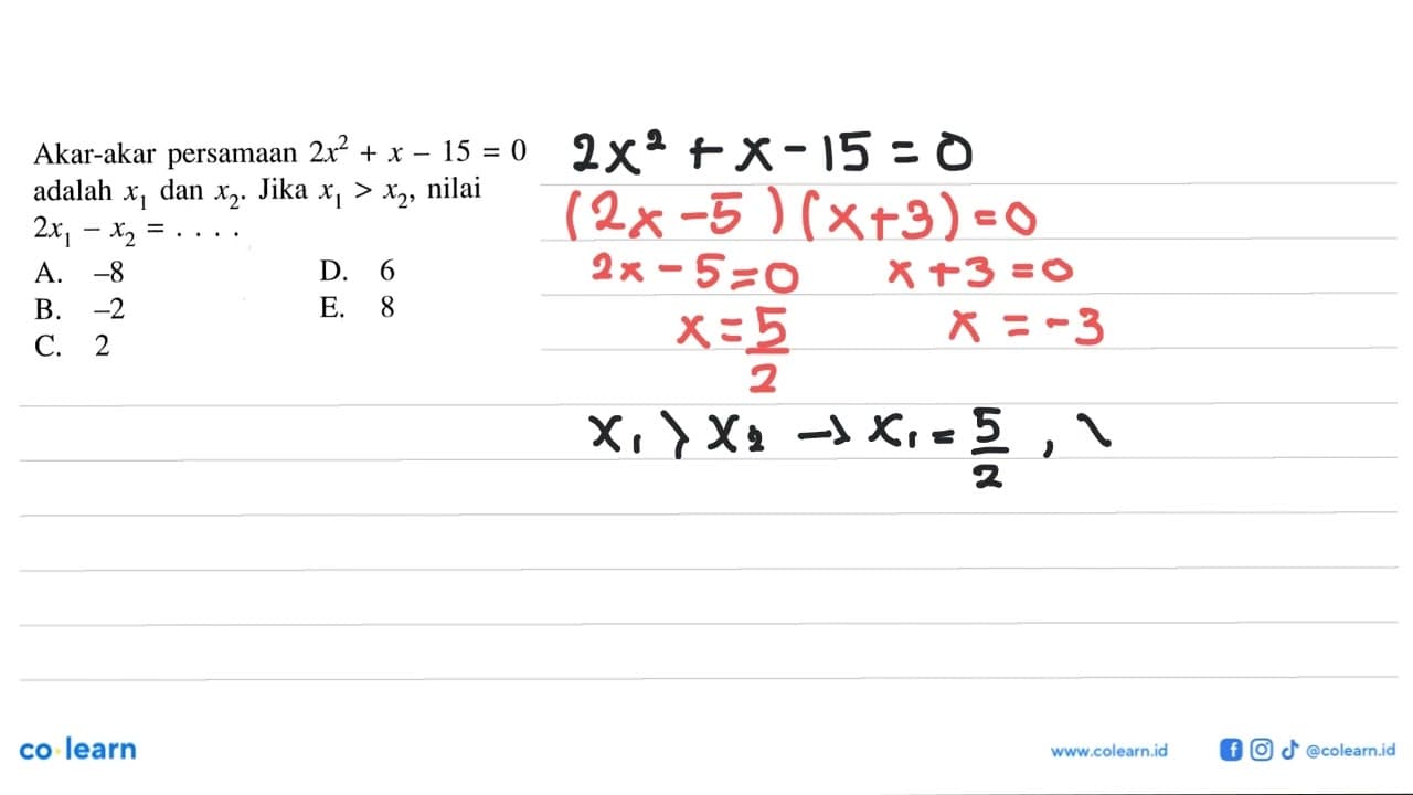 Akar-akar persamaan 2x^2 + x - 15 = 0 adalah X1 dan x2.