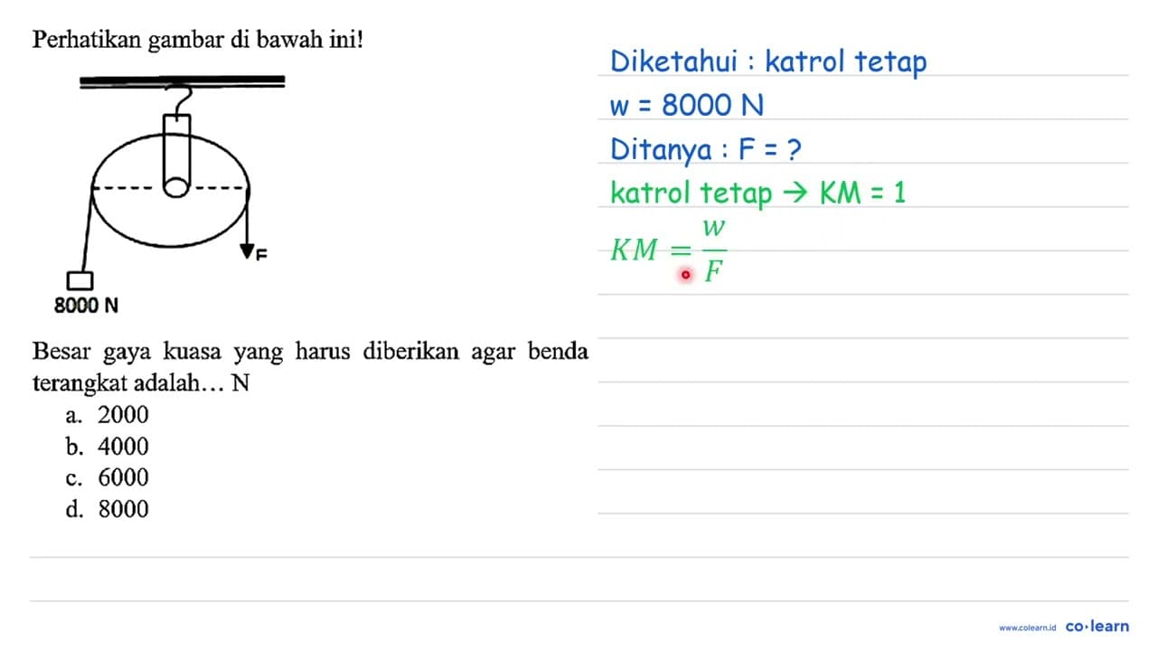 Perhatikan gambar di bawah ini! 8000 N F Besar gaya kuasa