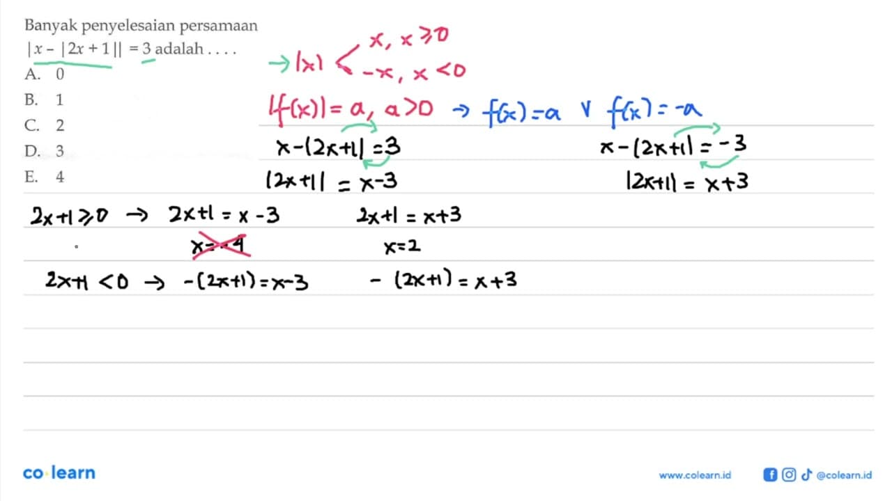 Banyak penyelesaian persamaan |x-|2x+1||=3 adalah . . . .