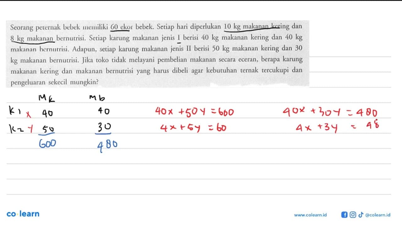 Seorang peternak bebek memiliki 60 ekor bebek. Setiap hari