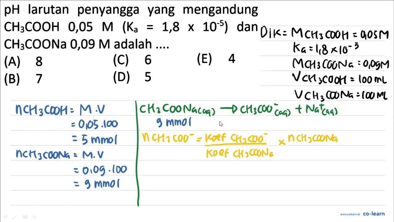 pH larutan penyangga yang mengandung CH3 COOH 0,05 M(Ka=1,8