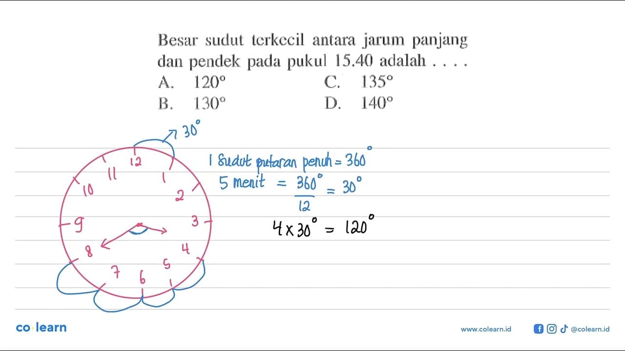 Besar sudut terkecil antara jarum panjang dan pendek pada