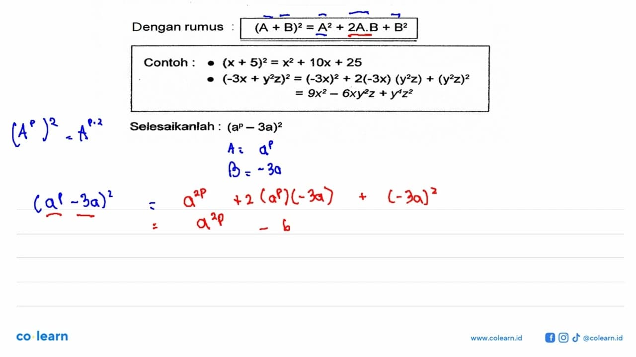 Dengan rumus : (A+B)^2=A^2+2A.B+B^2 Contoh :