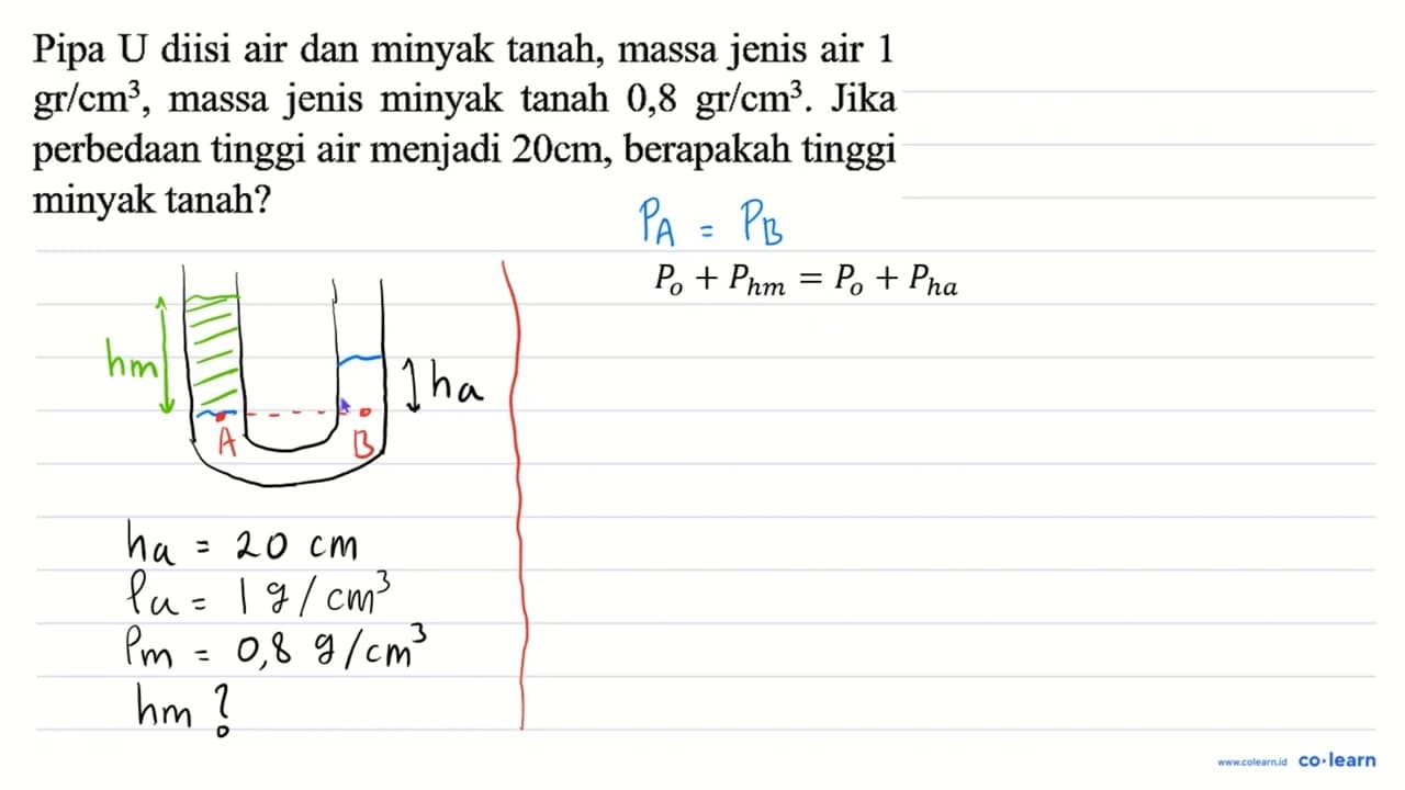 Pipa U diisi air dan minyak tanah, massa jenis air 1 gr /