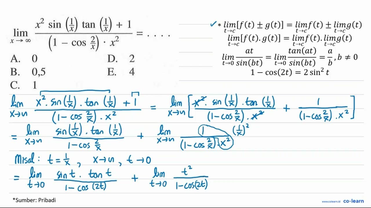 limit x mendekati tak hingga (x^2 sin(1/x)tan