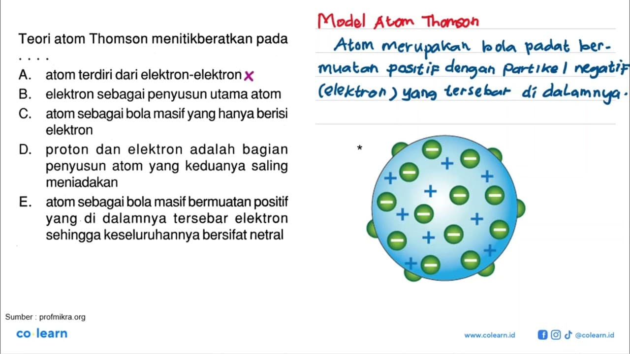 Teori atom Thomson menitikberatkan pada . . . . A. atom