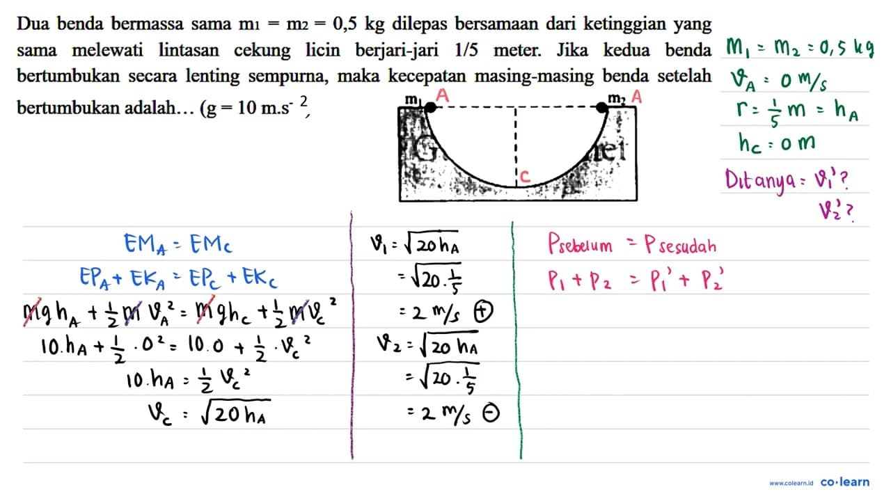 Dua benda bermassa sama m_(1)=m_(2)=0,5 kg dilepas