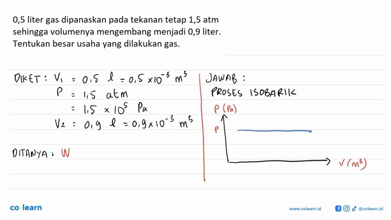 0,5 liter gas dipanaskan pada tekanan tetap 1,5 atm