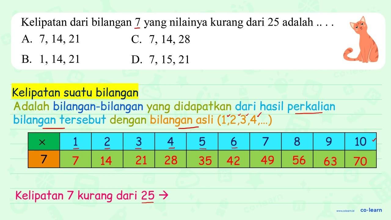 Kelipatan dari bilangan 7 yang nilainya kurang dari 25