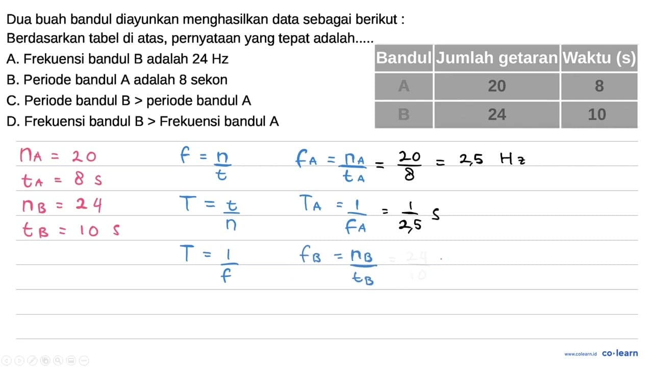 Dua buah bandul diayunkan menghasilkan data sebagai berikut