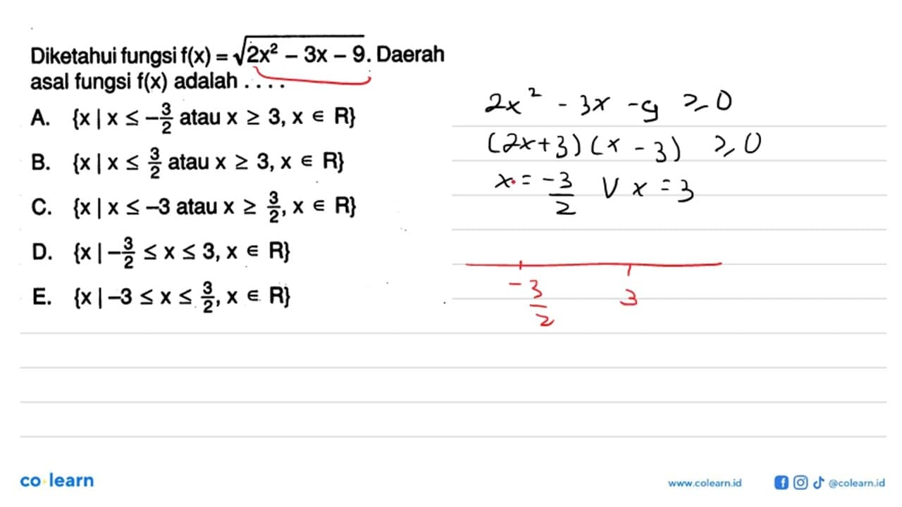 Diketahui fungsi f(x)=akar(2x^2-3x-9). Daerah asal fungsi