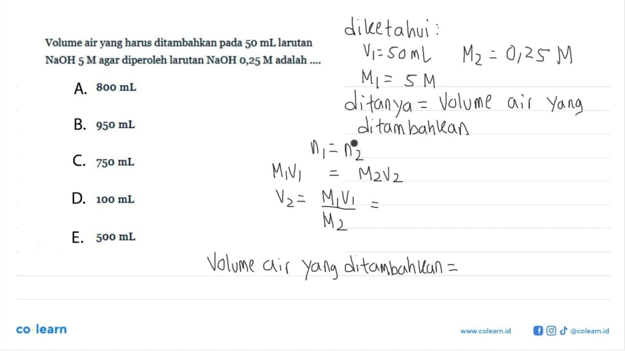 Volume air yang harus ditambahkan pada 50 mL larutan NaOH 5