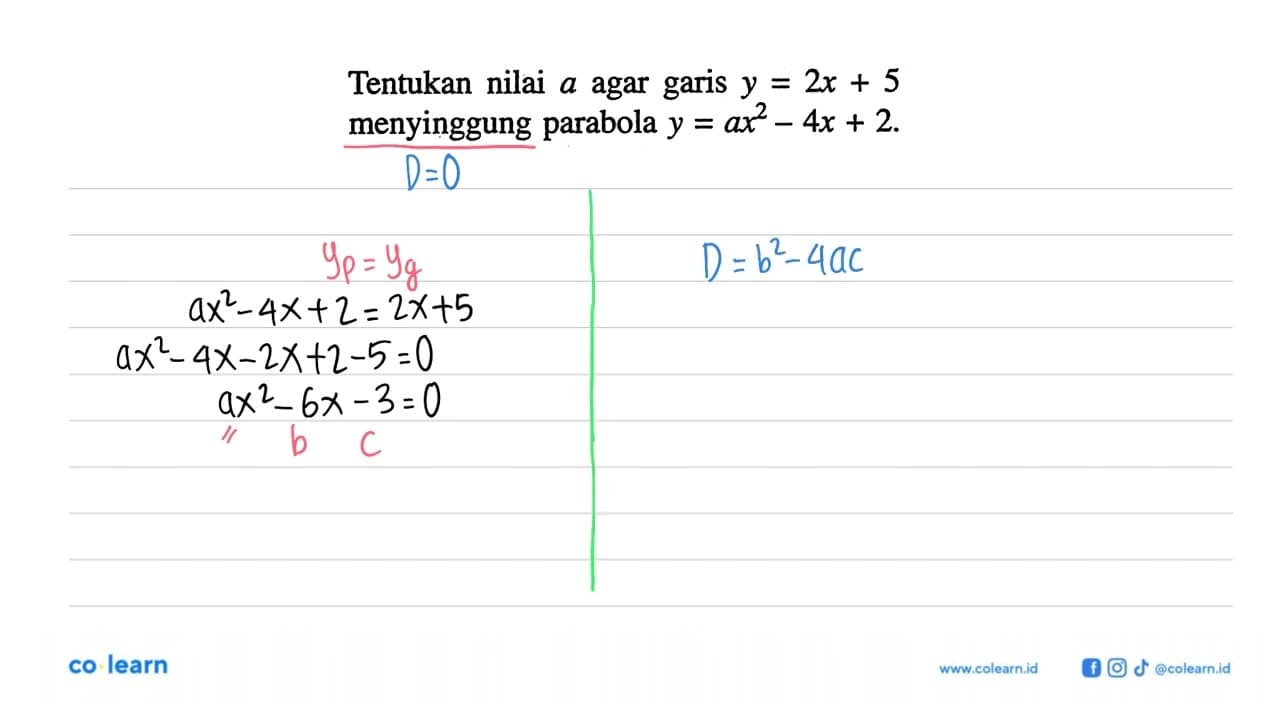 Tentukan nilai a agar garis y=2x+5 menyinggung parabola