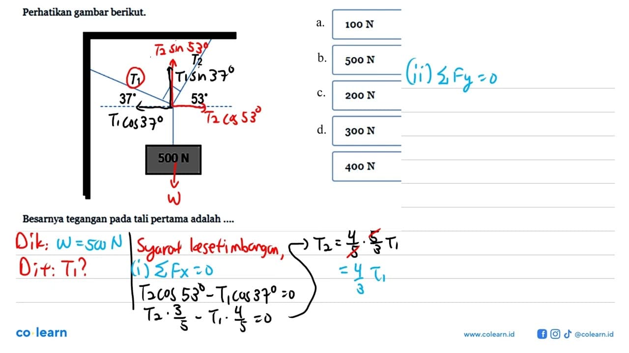 Perhatikan gambar berikut. T1 T2 37 53 500 Na. 100 N b. 500