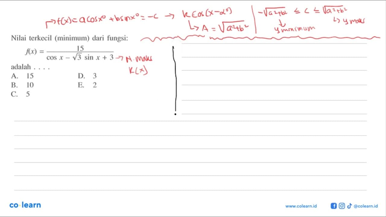 Nilai terkecil (minimum) dari fungsi:f(x)=15/(cos x-akar(3)